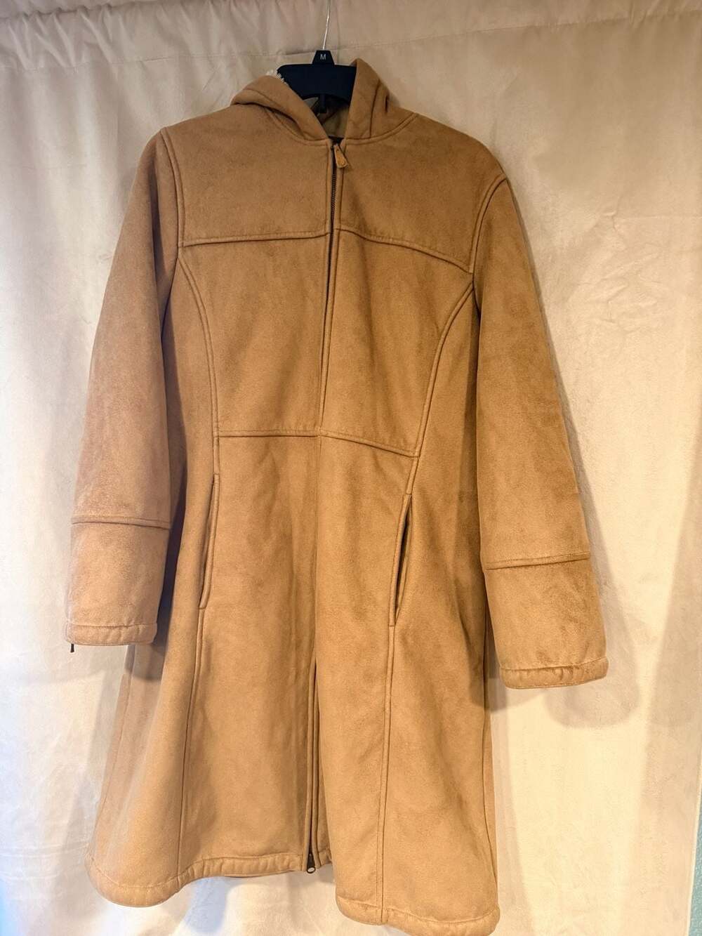 1 Madison Faux Suede Hooded Long Coat with Faux Fur Lining Camel Size M